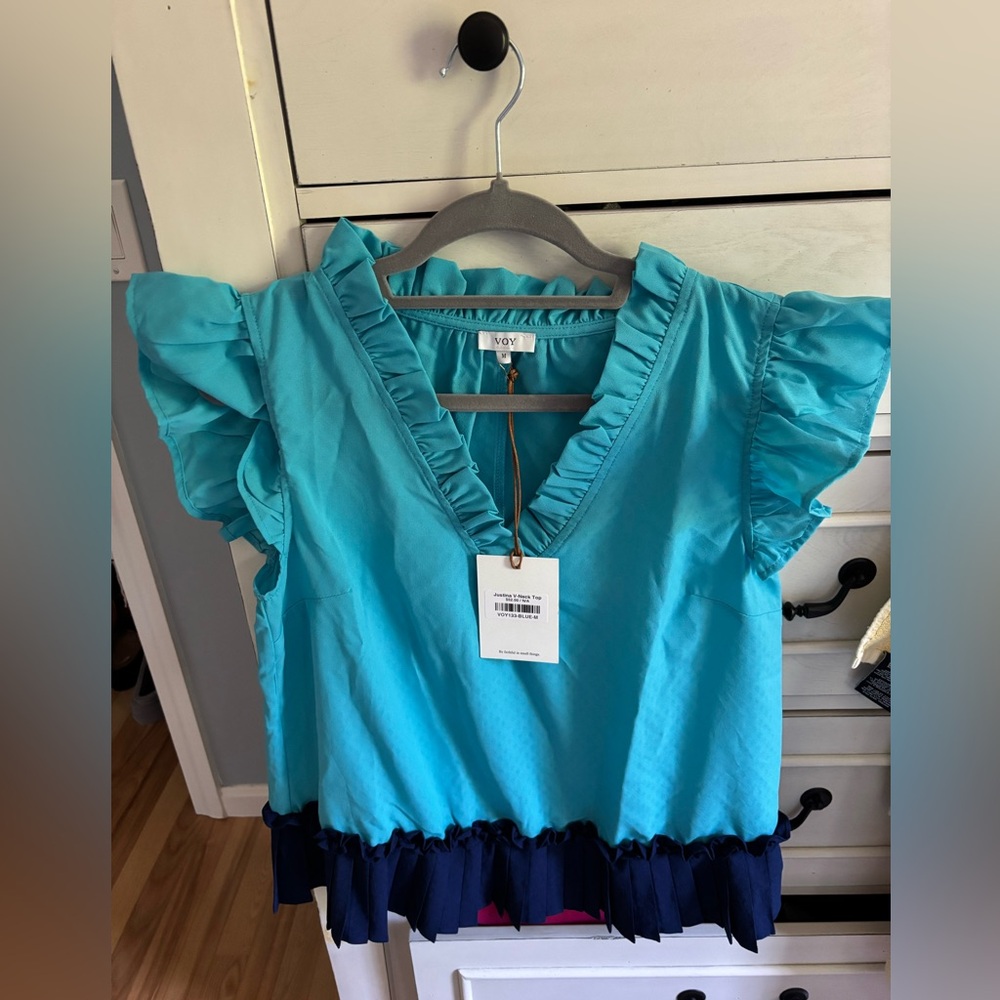 Elegant Blue Ruffle Sleeve Blouse